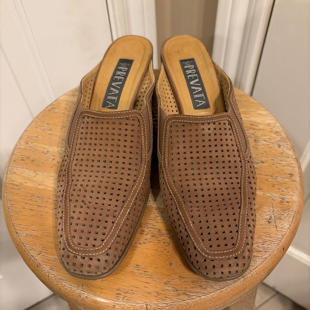 Prevata Womens Perforated Leather Wedge Mules Brown 8 AAA Made in Italy